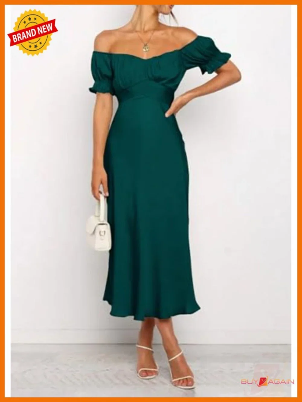Satin Off Shoulder Midi Dress Puff Sleeve Mermaid Hem Wedding Guest Cocktail